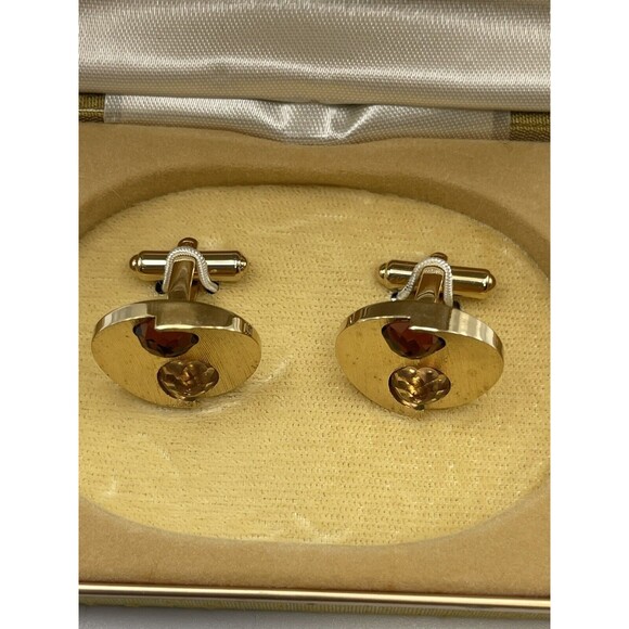 Vintage Gold Tone Textured Round Brown & Tan Crystal Encrusted Cuff Links New - Picture 3 of 8